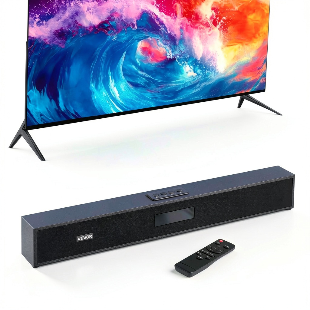 VEVOR Sound Bar placed on a TV stand with connected devices