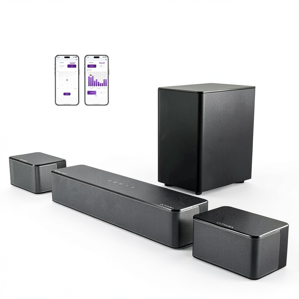 'Ultimea Poseidon M4T soundbar setup with TV and subwoofer'