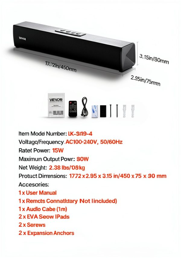 VEVOR Sound Bar 2.0 Channel Bluetooth TV Speaker Compact-6
