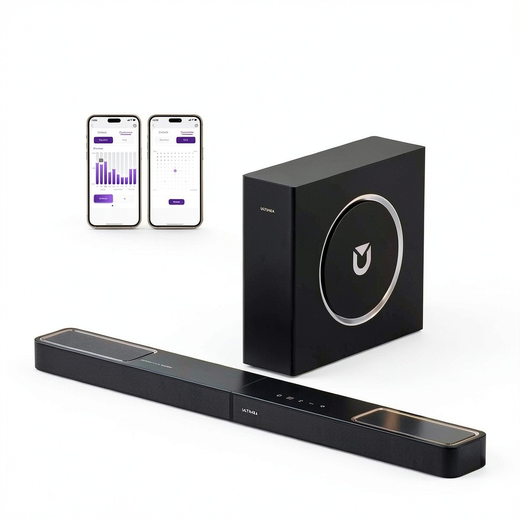 Ultimea Skywave F30 soundbar and subwoofer setup in a living room
