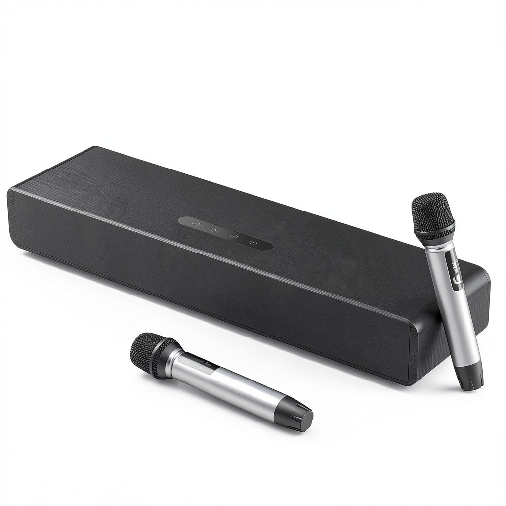 TOPVISION Sound Bar setup with TV and wireless microphones