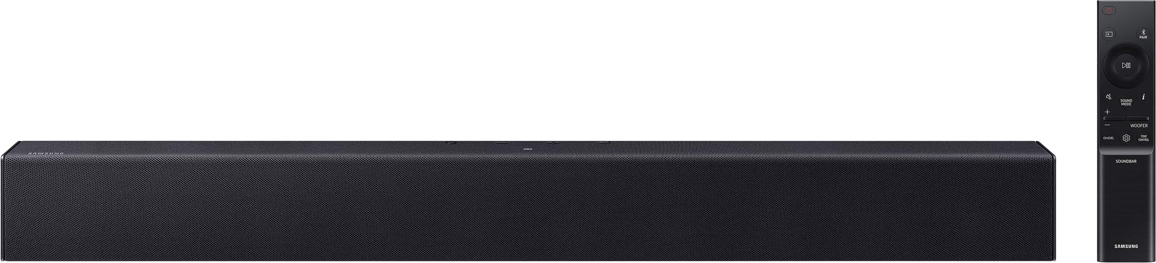 Samsung soundbar setup with TV and remote on entertainment center