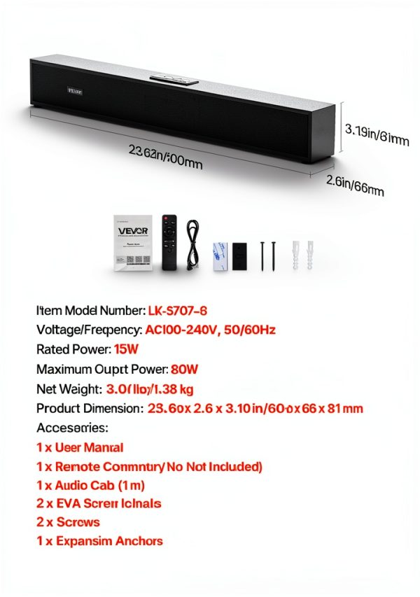 VEVOR Sound Bar 2.0 Channel Bluetooth TV Speaker Compact-6