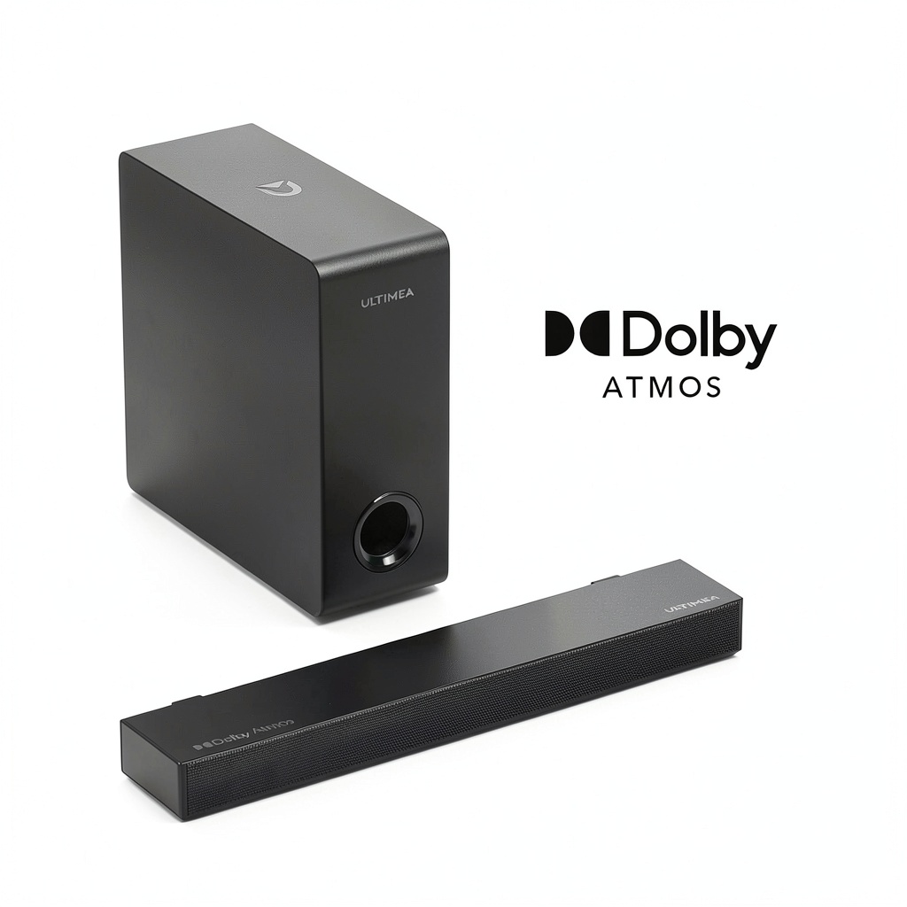 Ultimea Nova S50 sound bar placed under a modern TV