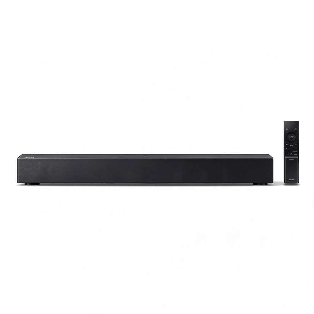 Samsung HW-B400F soundbar placed below a TV in a living room