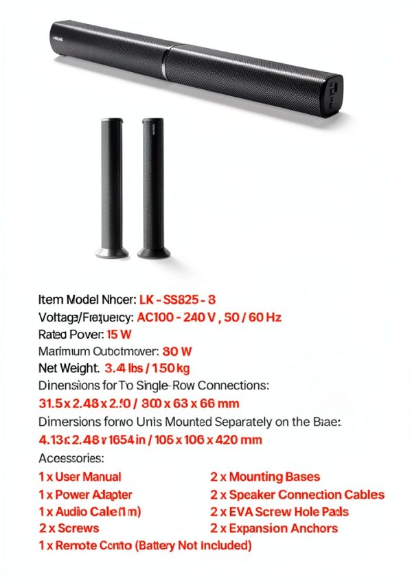 VEVOR Sound Bar 2.0 Channel Detachable Bluetooth HDMI AUX-6
