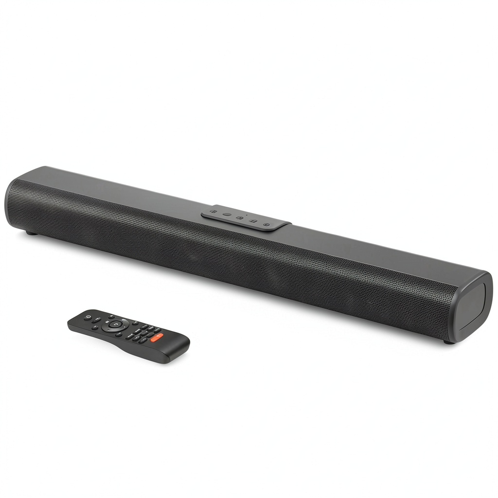 Sugift Sound Bar displaying slim design and connectivity ports on a modern TV stand