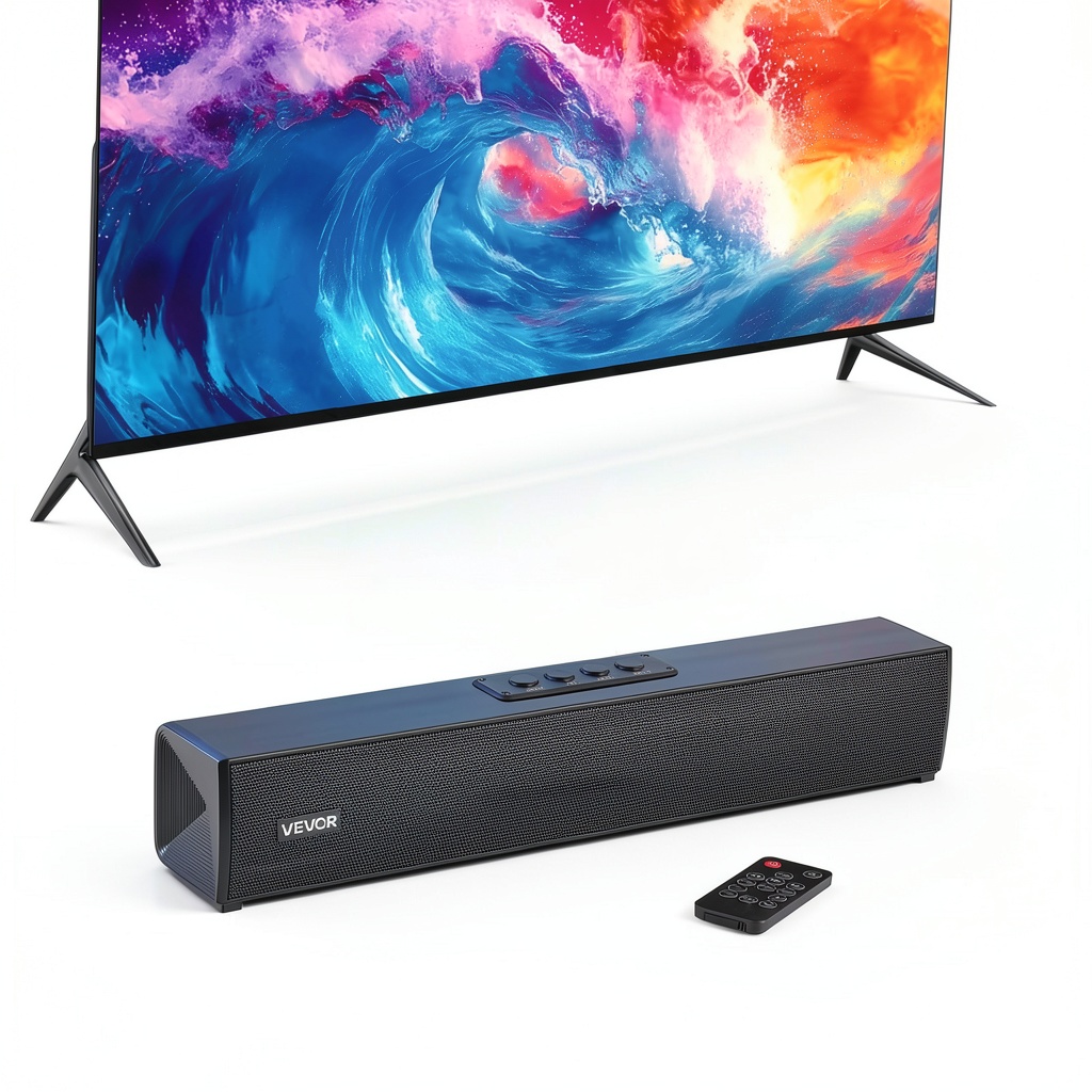 VEVOR Sound Bar placed on a TV stand with connected devices
