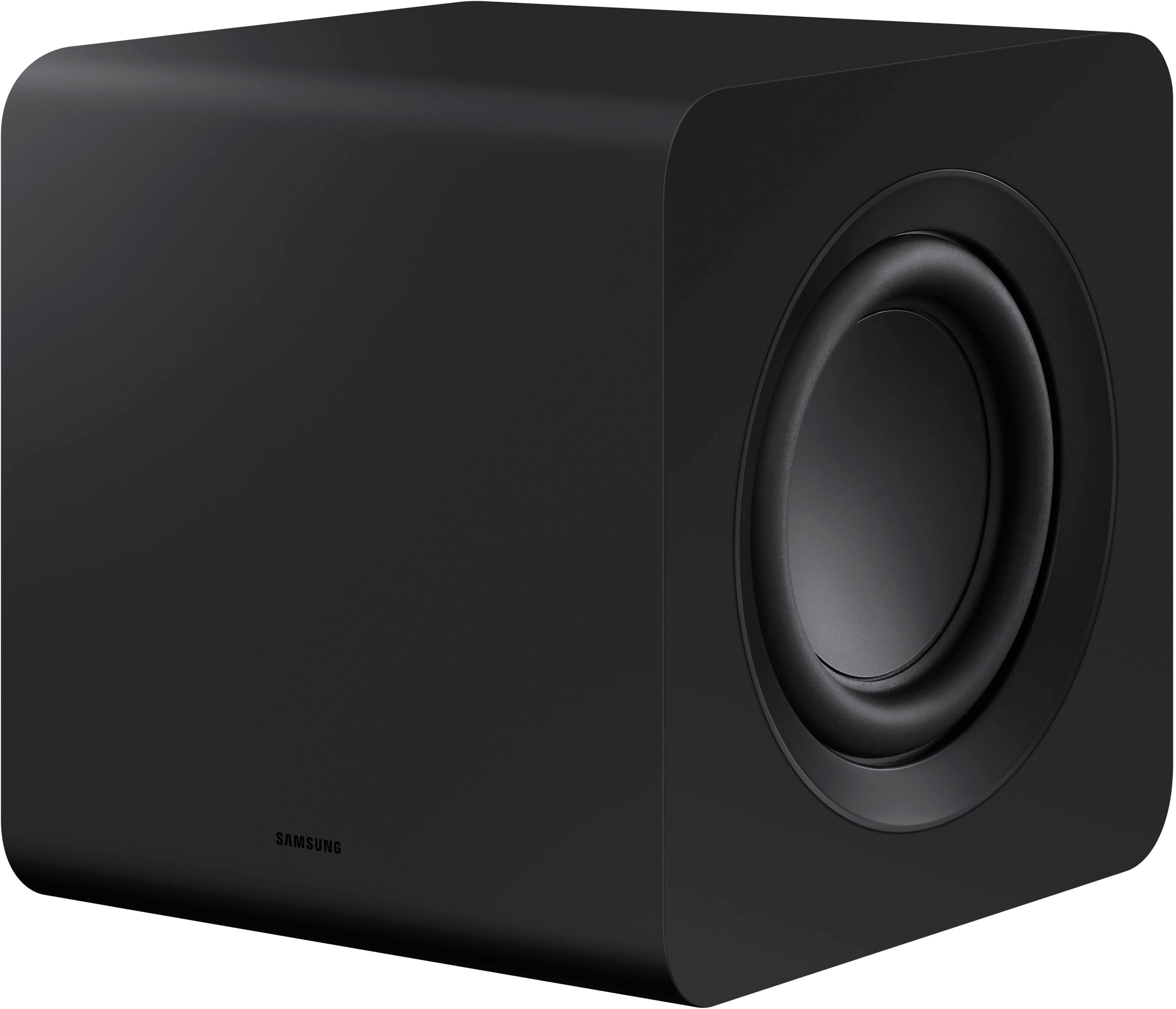 Samsung W510 subwoofer placed next to a soundbar in a living room